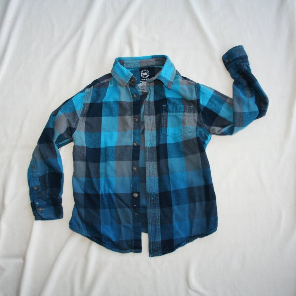 TEAL CHECKER FLANNEL SHIRT BOYS 6 7 KIDS BUTTON DOWN TOP BLUE OMBRE EUC LAYERING